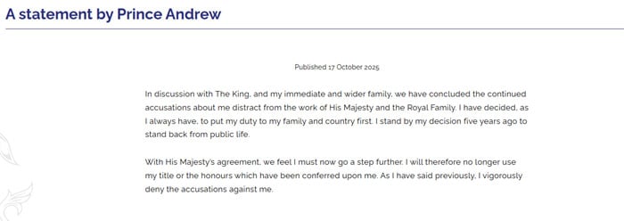Buckingham Palace takes big step as Prince Andrew gives up royal title