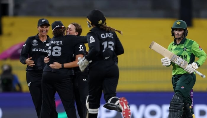 New Zealand players celebrate the wicket of Pakistans Natalia Pervaiz during their ICC Womens World Cup 2025 match at the R Premadasa Stadium in Colombo on October 18, 2025. — ICC