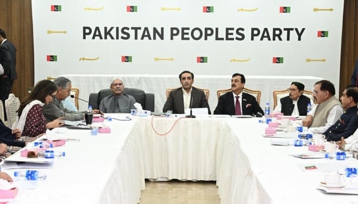 Pakistan Peoples Party (PPP) Chairman Bilawal Bhutto-Zardari chairs the partys Central Executive Committee (CEC) meeting in Karachi, October 18, 2025. — X/@MediaCellPPP