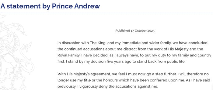 Prince Andrews move seen as win for King Charles
