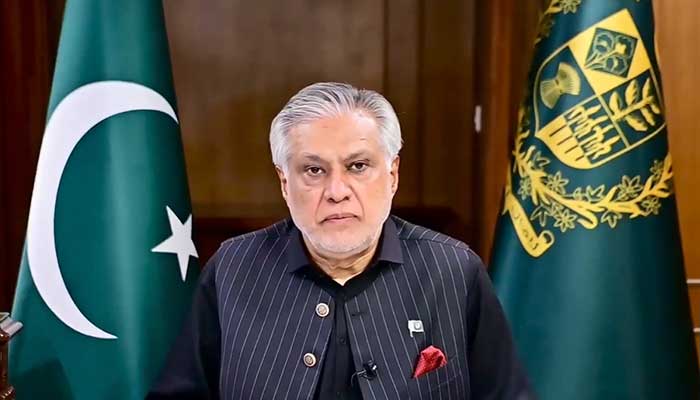 DPM Ishaq Dar speaks during a video statement. — X@MIshaqDar50/File