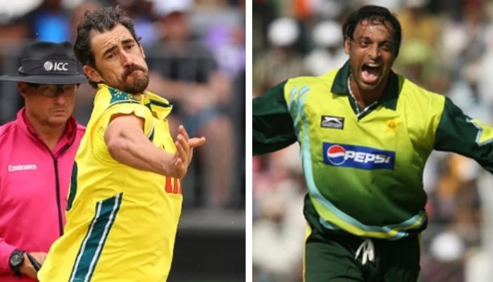 Australian pacer Mitchell Starc (left) during the first ODI match against India on October 19, 2025 and Pakistan’s Shoaib Akhtar. — AFP