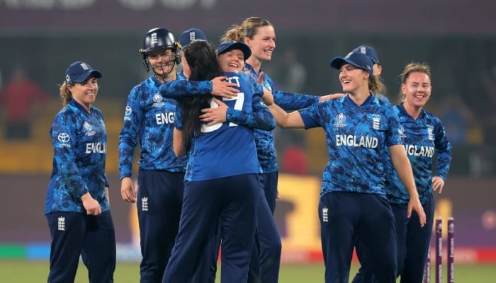 England players celebrate after qualifying for the semi-final of the Womens World Cup 2025 with a four-run win against India at the Holkar Cricket Stadium, Indore, October 19, 2025. — ICC