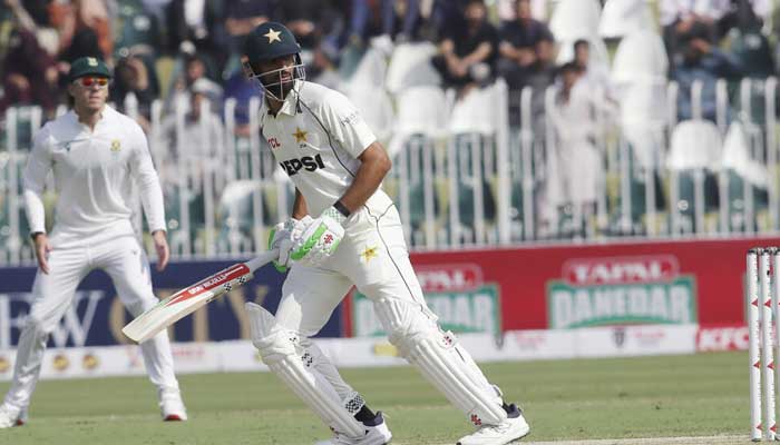 Pakistan skipper Shan Masood in action during the day one of the second Test in the two-match series between Pakistan and South Africa at Rawalpindi Cricket Stadium on October 20, 2025 at the Rawalpindi Cricket Stadium in Rawalpindi. — PCB