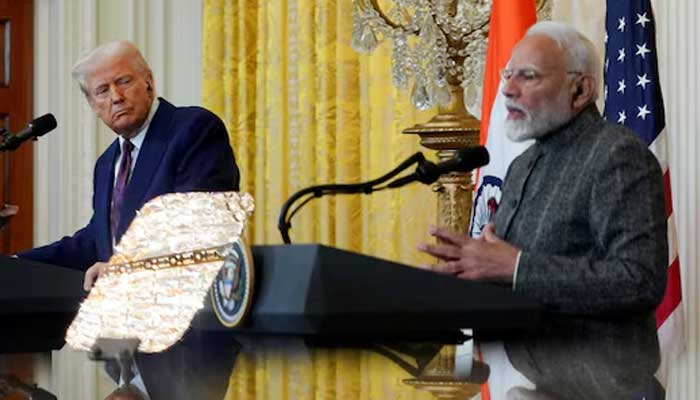 US President Donald Trump and Indian Prime Minister Narendra Modi are pictured in a mirror as they attend a joint press conference at the White House in Washington, DC, US, February 13, 2025. — Reuters