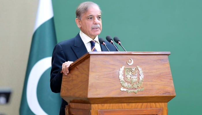 Prime Minister Muhammad Shehbaz Sharif addressing the signing ceremony of the privatisation of First Women Bank in Islamabad, October 17, 2025. — APP
