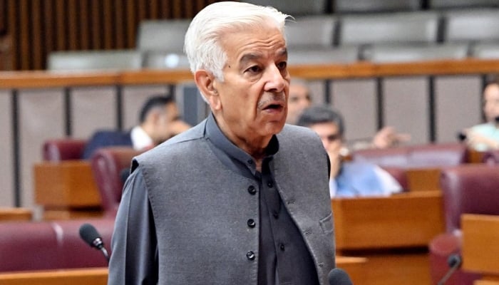 Defence Minister Khawaja Asif addressing the National Assembly in Islamabad, May 9, 2025. — NNI