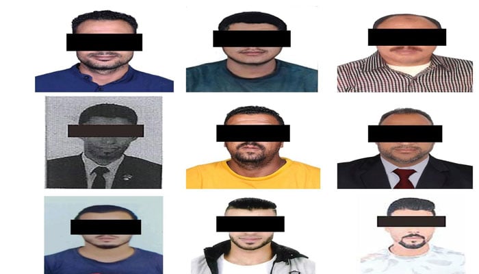 The image shows a collage of faces of nine Arab nationals allegedly involved in kidnapping and blackmail. — WAM/File