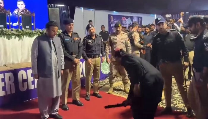 Dacoits from Sindh’s riverine (katcha) area lay down their weapons during a surrender ceremony at Police Lines in Shikarpur, October 22, 2025. — Screengrab via YouTube/Geo News
