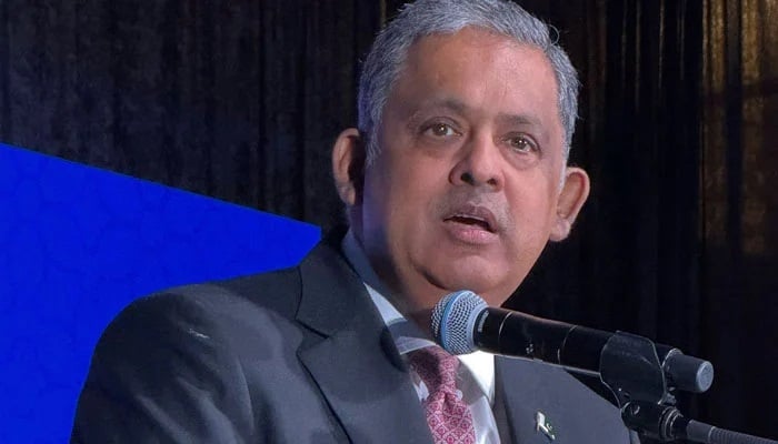 Pakistan’s Ambassador to the US, Rizwan Saeed Sheikh, speaks at an event in Washington, DC, in this photo released on April 7, 2025. — X@AmbRizSaeed
