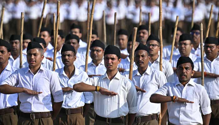 Rashtriya Swayamsevak Sangh (RSS) volunteers take part in the Hindu nationalist organisation´s centenary celebrations at Reshimbagh Ground in Nagpur on October 2, 2025. — AFP