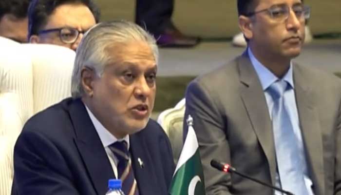 DPM and FM Ishaq Dar addresses the Regional Transport Ministers International Conference in Islamabad on October 23, 2025. — Screengrab via Geo News