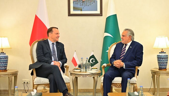 Pakistan Deputy Prime Minister Ishaq Dar and his Polish counterpart during an official meeting in Islamabad on October 23, 2025. X@ForeignOfficePk