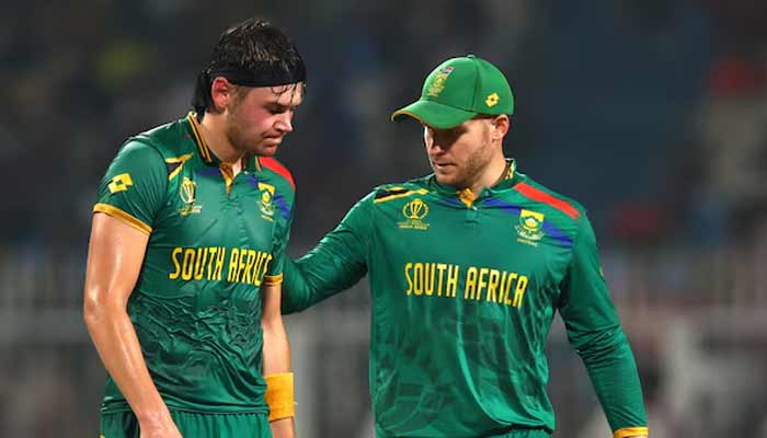 South Africas David Miller and Gerald Coetzee during ICC Cricket World Cup 2023 semifinal against Australia in Eden Gardens stadium, Kolkata, India on November 16, 2023. — Reuters