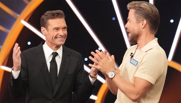 Derek Hough reacts to Ryan Seacrest’s claim he nearly broke Wheel of Fortune set