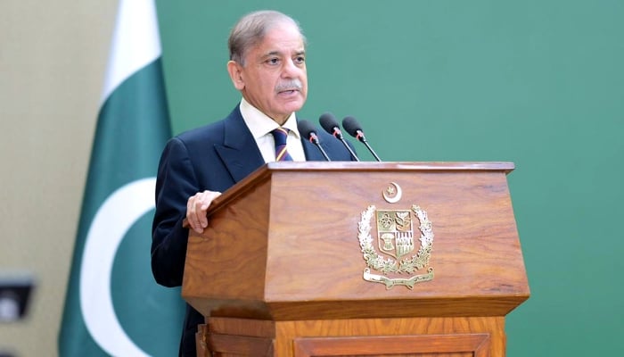 Prime Minister Muhammad Shehbaz Sharif addressing the signing ceremony of the privatization of First Women Bank, Islamabad, October 17, 2025. — APP