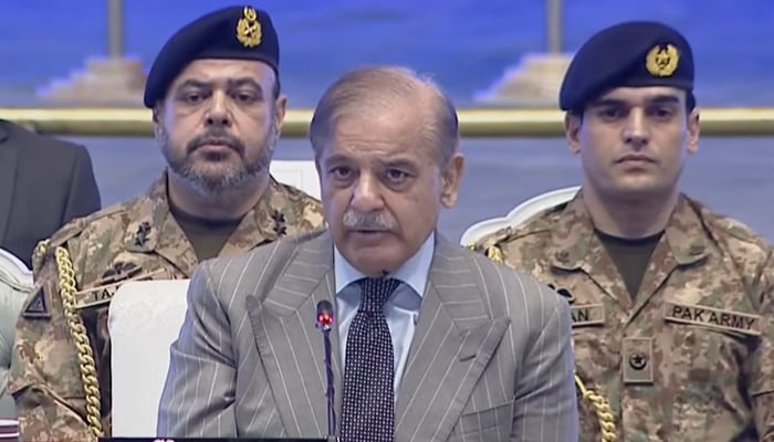 PM Shehbaz Sharif addresses Regional Transport Ministers’ Conference in Islamabad on October 24, 2025. — YouTube/Geo News