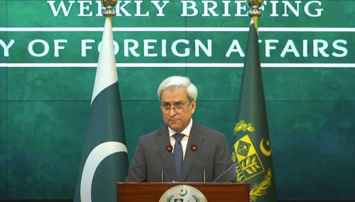 Foreign Office spokesperson Tahir Hussain Andrabi addresses the weekly press briefing on October 24, 2025. — Screengrab via Geo News