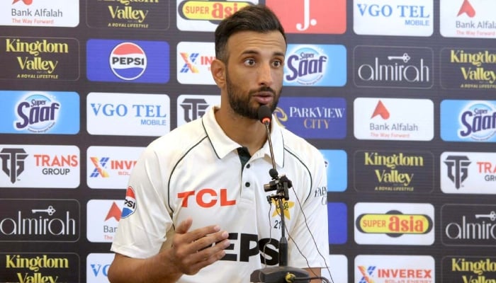 Pakistan captain Shan Masood addressing a press conference head of the first Test against England at the Multan Cricket Stadium, October 6, 2024. — APP
