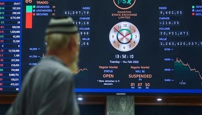 A broker looks at an index board showing the latest share prices at the Pakistan Stock Exchange in Karachi. - AFP/File