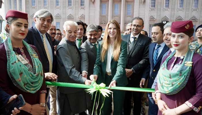 Defence Minister Khawaja Asif and British High Commissioner Jane Marriott inaugurate PIA flight resumption to the UK on October 25, 2025. — X/@JaneMarriottUK