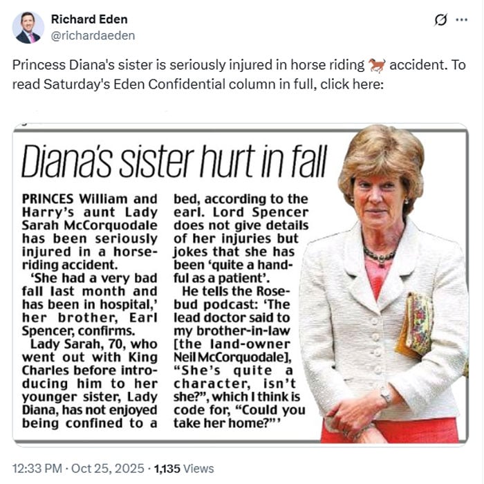 Princess Diana sister seriously injured in horse riding accident