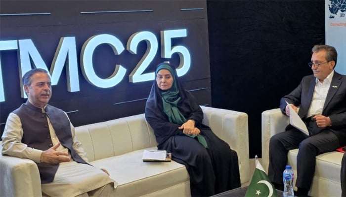 Federal Minister for Maritime Affairs, Muhammad Junaid Anwar Chaudhry talking to Irans Minister for Roads and Urban Development, Farzaneh Sadegh who called on him in Islamabad, October 25, 2025. — APP