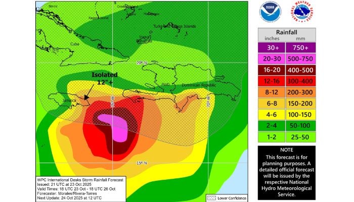 Tropical Storm Melissa 3-day rainfall forecast