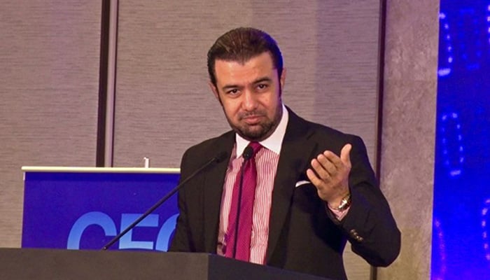 Advisor to the Finance Minister Khurram Schehzad, delivers his speech at the Pakistan Finance Conference Middle East in Dubai. — Reporter