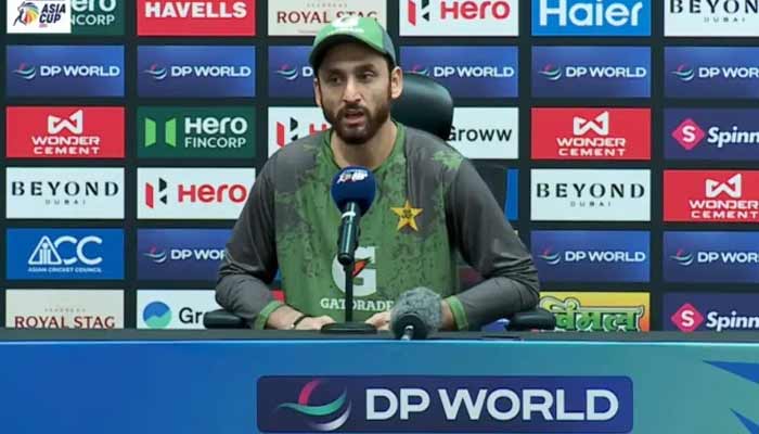 Pakistan cricket team captain Salman Ali Agha addresses at the pre-final press conference at the DICS, Dubai on September 27, 2025. — APP
