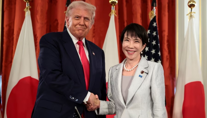 US President Donald Trump shakes hands with Japanese Prime Minister Sanae Takaichi during a bilateral meeting at Akasaka Palace in Tokyo, Japan, October 28, 2025. — Reuters