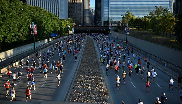 A general view of runners in the Chicago Marathon at Grant Park on October 12, 2025. — Reuters