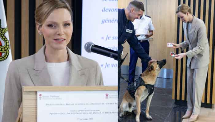 Princess Charlene witnesses demonstration of new police dogs