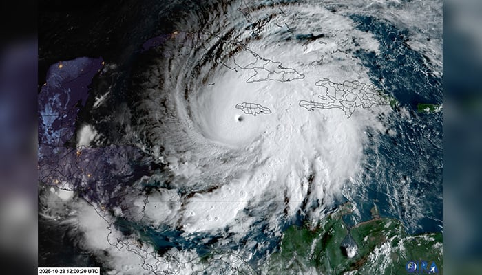 This RAMMB/CIRA handout satellite image shows Hurricane Melissa southeast of Jamaica at 12:00 UTC on October 28, 2025. — AFP