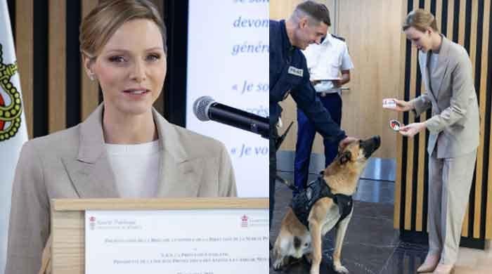 Princess Charlene witnesses demonstration of new police dogs