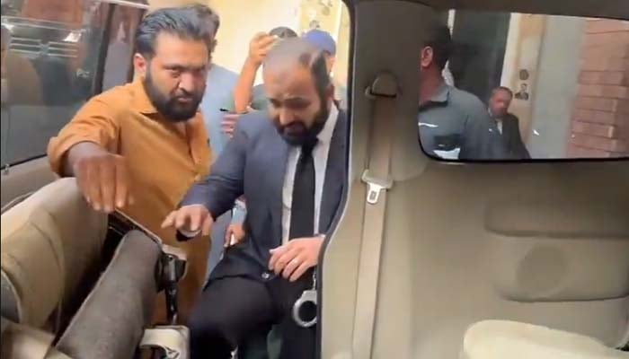 Advocate Hadi Ali Chatha is arrested from outside a local court in Islamabad on October 29, 2025. —  X@ImaanZHazir
