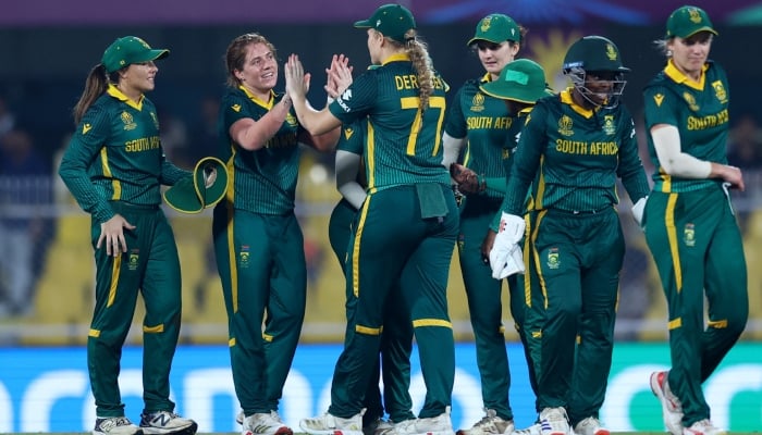 South Africas Nadine de Klerk celebrates with teammates after taking the wicket of Englands Danni Wyatt Cricket during the ICC Womens World Cup semi-final at the Barsapara Cricket Stadium, Guwahati, India, October 29, 2025. — Reuters