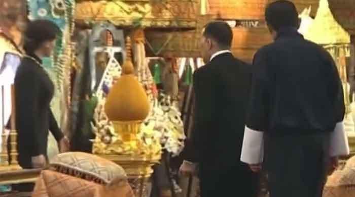 Royals pay their respects at the coffin of late Queen