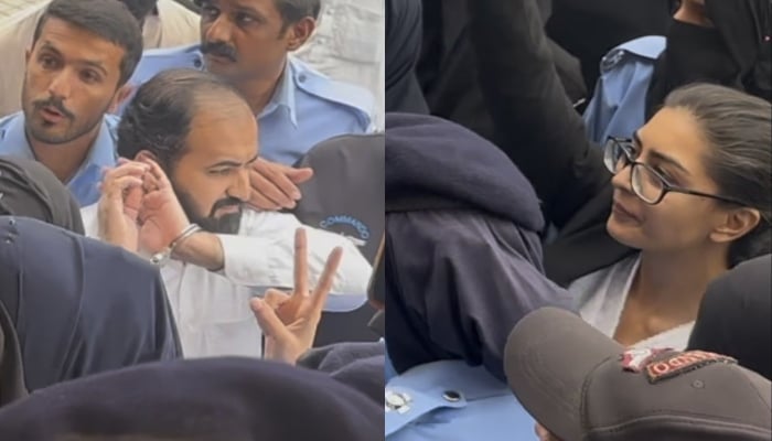 A collage of Pakistani lawyer and activist Imaan Mazari and her husband Advocate Hadi Ali Chatha seen encircled by the police personnel outside a local court in Islamabad. — X@Matiullahjan919