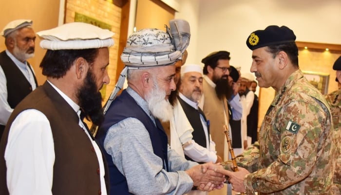 Chief of Army Staff Field Marshal Asim Munir during a meeting with Jirga elders in Peshawar, Khyber Pakhtunkhwa, October 30, 2025. — ISPR