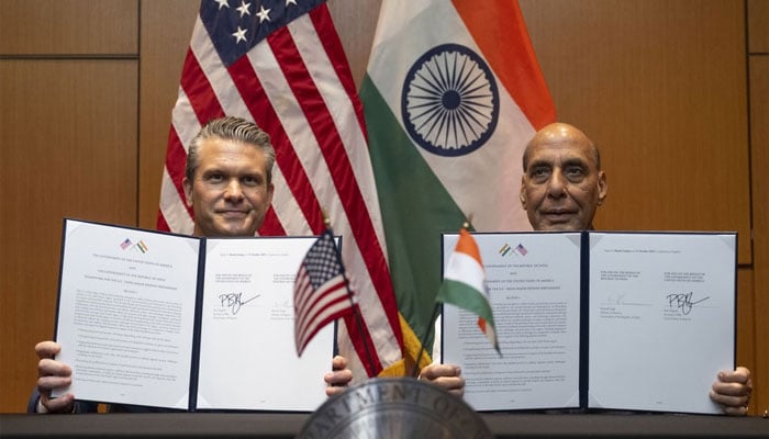US Defence Secretary Pete Hegseth (left) pictured along with his Indian counterpart, Rajnath Singh on October 31, 2025. — X@SecWar