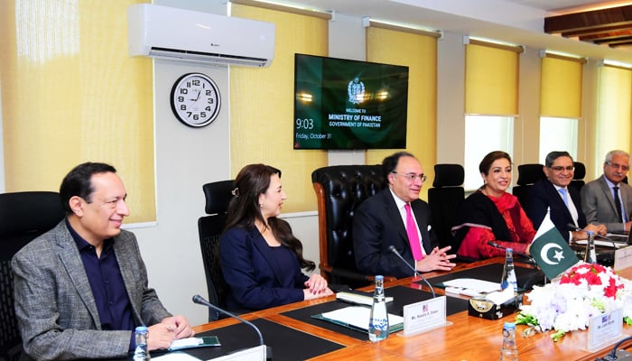 Finance and Revenue Minister Senator Muhammad Aurangzeb (centre) during the meeting in Islamabad, on October 31, 2025. — X@Financegovpk