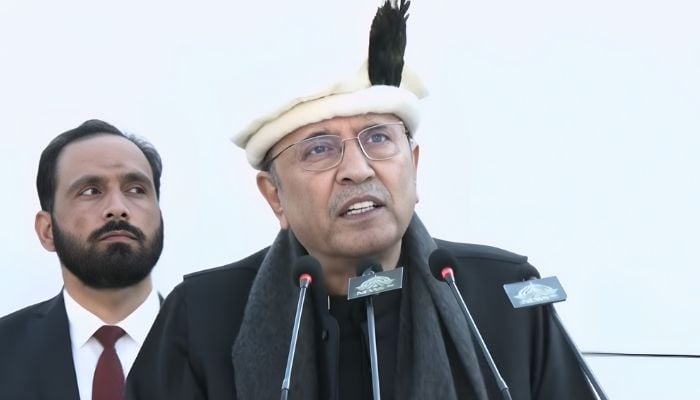 President Asif Ali Zardari speaks at aceremony to mark the 78th Independence Day of Gilgit Baltistan from Dogra rule in Gilgit Baltistan on November 1, 2025. — Screengrab Geo News
