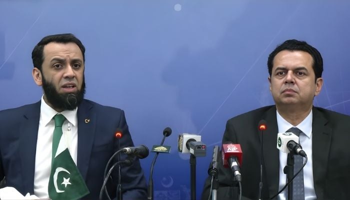 Information Minister Atta Tarar and Minister of State for Interior Talal Chaudhry address the presser in Islamabad on November 1, 2025. — Screengrab Geo News