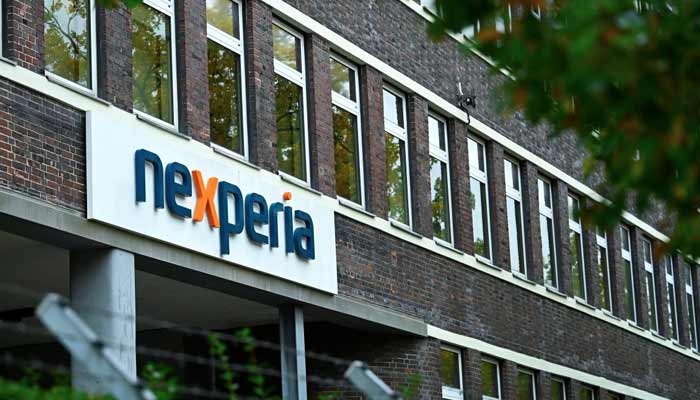 The logo of Chinese-owned semiconductor company Nexperia is displayed at the chipmakers German facility in Hamburg, Germany, October 23, 2025. — Reuters