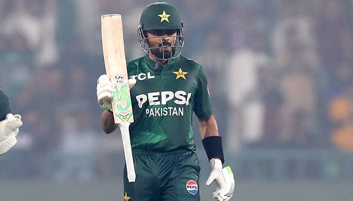 Pakistans Babar Azam celebrates his half-century during the third T20I match against South Africa at Lahores Gaddafi Stadium on November 1, 2025. — PCB