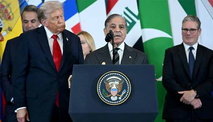 Prime Minister Shehbaz Sharif (centre) speaks as US President Donald Trump (left) and Britain’s Prime Minister Keir Starmer (right) watch during the Sharm El-Sheikh Peace Summit in the Egyptian Red Sea resort town of Sharm el-Sheikh on October 13, 2025. — AFP