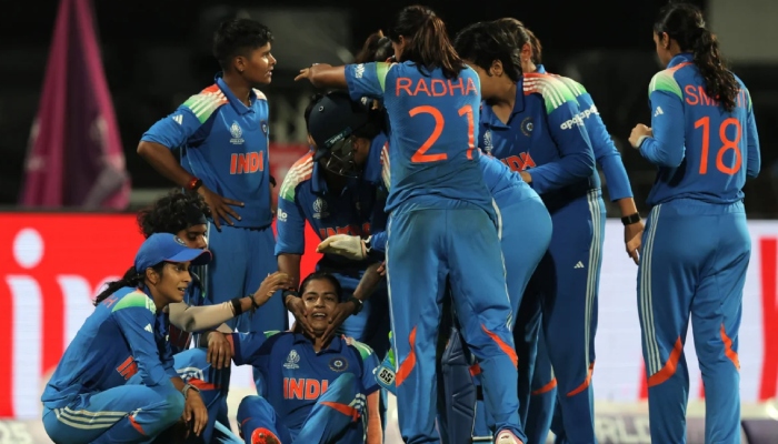 Indian players celebrate a wicket during their Womens World Cup final against South Africa in Mumbai, November 2, 2025. — ICC