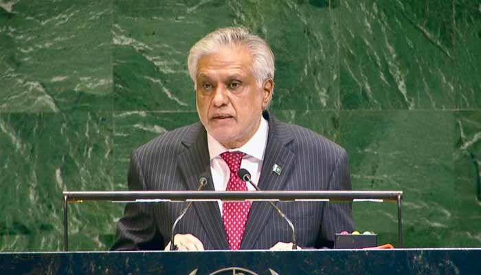 Deputy Prime Minister and Foreign Minister Ishaq Dar speaks at the high-level political forum on sustainable development at the United Nations, on July 21, 2025. — X@ForeignOfficePk