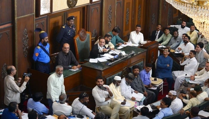 Mayor Karachi Barrister Murtaza Wahab presides over the district council assembly session held at the Old KMC building in Karachi on May 19, 2025. — PPI